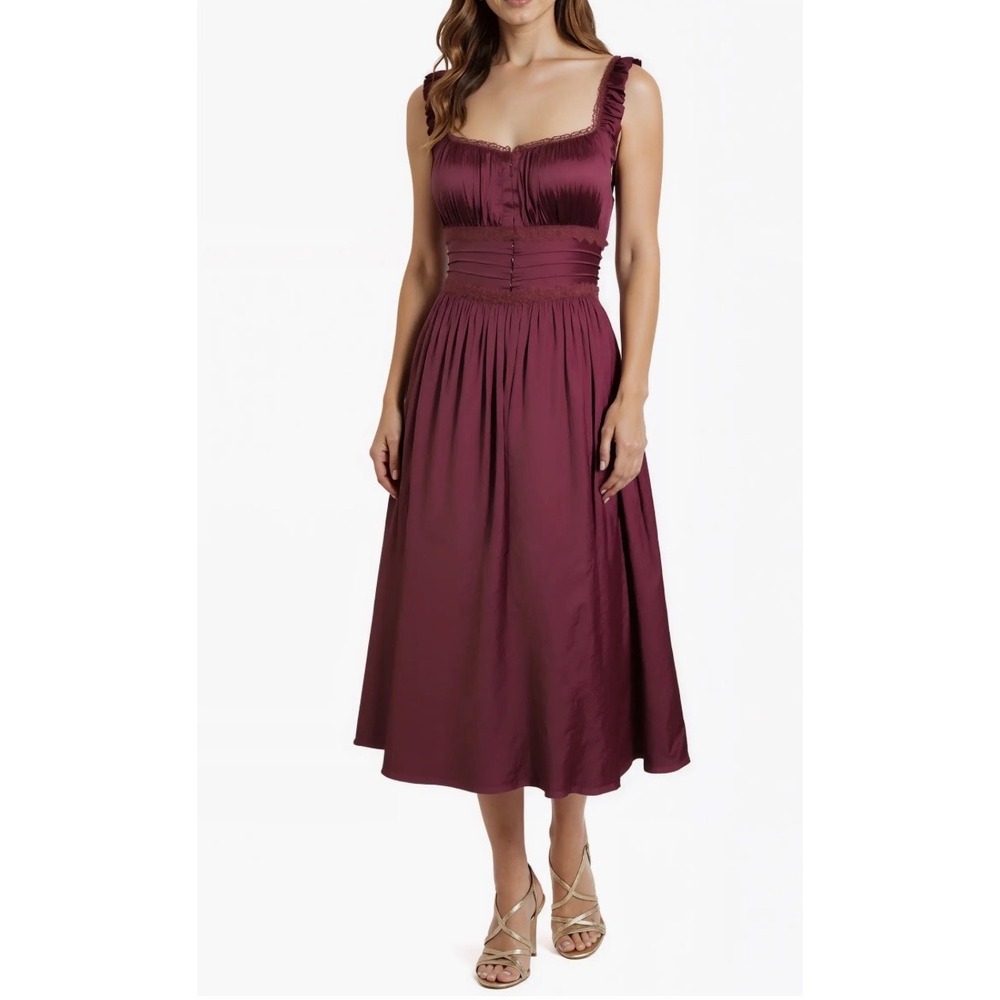 Mila Mae Corset Bodice Satin Midi Dress Wine Burgundy Sweetheart Ruffle L Large